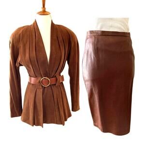 Vintage Spitalnick 1980s Brown Suede Peplum Blazer & Leather Skirt Suit RARE